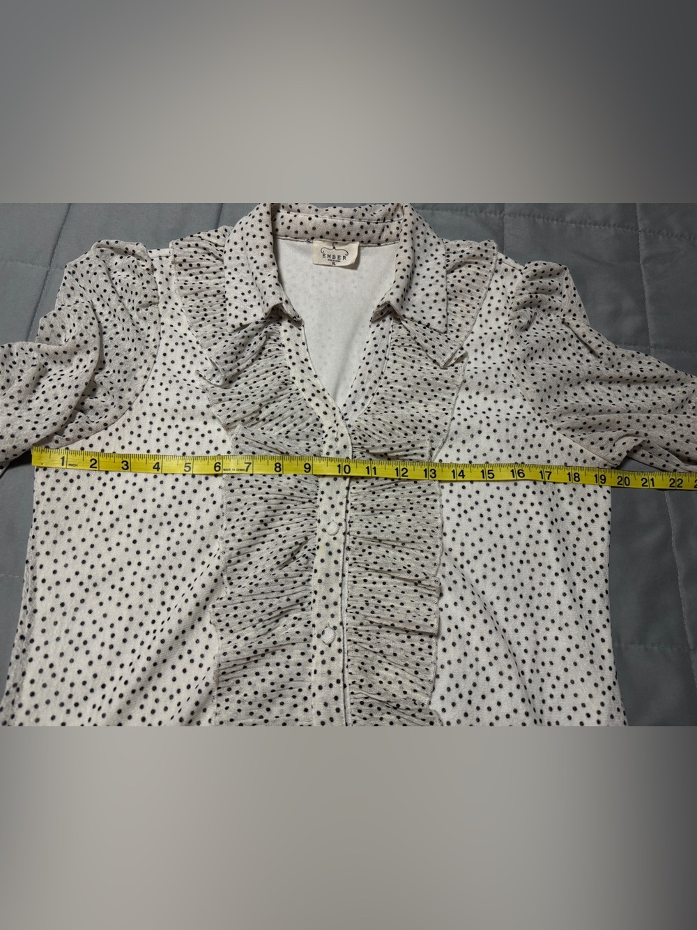 SALE Elegant Ember Polka Dot Chiffon Blouse White Black Ruffle Button - Picture 7 of 8